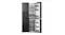 Front view of a black Haier four-door refrigerator with the left refrigerator door and right freezer door open Front view of a black Haier four-door refrigerator with the left refrigerator door and right freezer door open