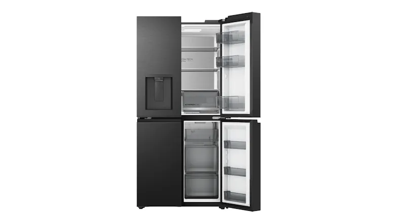 Front view of a black Haier four-door refrigerator with the left refrigerator door and right freezer door open Front view of a black Haier four-door refrigerator with the left refrigerator door and right freezer door open