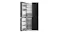 Front view of a black French door refrigerator with the right refrigerator door and left freezer door open, showing interior shelves Front view of a black French door refrigerator with the right refrigerator door and left freezer door open, showing interior shelves