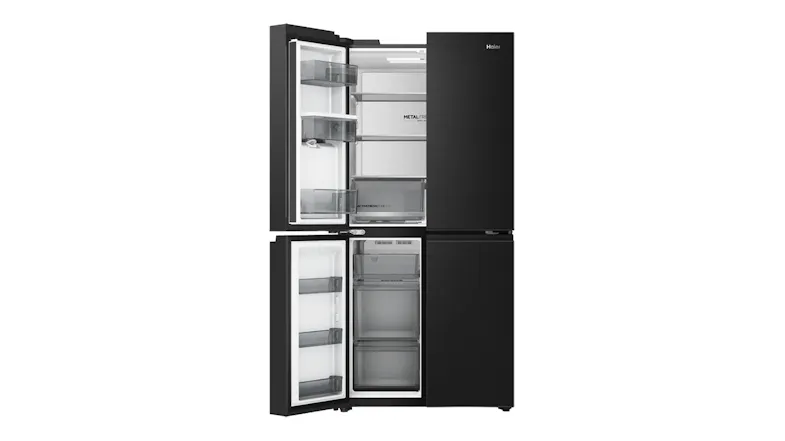 Front view of a black French door refrigerator with the right refrigerator door and left freezer door open, showing interior shelves Front view of a black French door refrigerator with the right refrigerator door and left freezer door open, showing interior shelves
