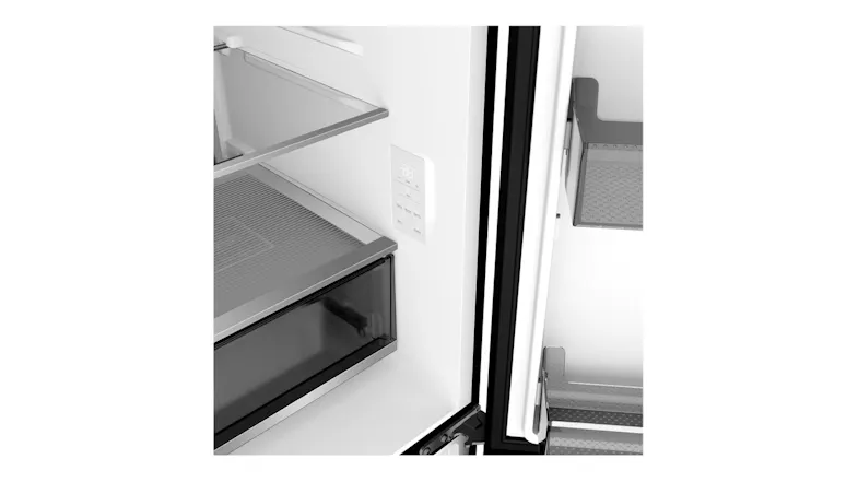 Interior close-up of a Haier 500 Series refrigerator with glass shelving, digital controls, and door storage bins Interior close-up of a Haier 500 Series refrigerator with glass shelving, digital controls, and door storage bins