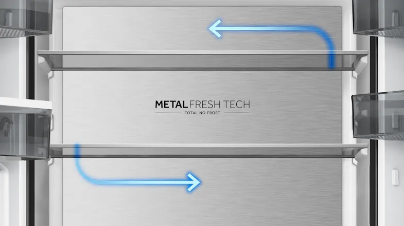 Refrigerator interior with a Metal Fresh Tech panel, glass shelves, and airflow circulation graphic indicators Refrigerator interior with a Metal Fresh Tech panel, glass shelves, and airflow circulation graphic indicators