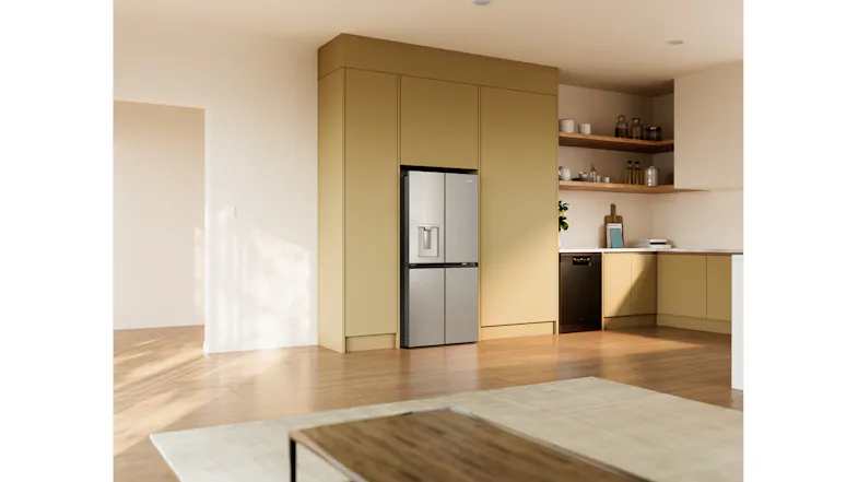 Wide-angle view of a silver Haier refrigerator installed in a modern kitchen with timber flooring Wide-angle view of a silver Haier refrigerator installed in a modern kitchen with timber flooring