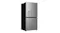 Front angled view of a silver Haier French door refrigerator with a water dispenser and visible side profile Front angled view of a silver Haier French door refrigerator with a water dispenser and visible side profile