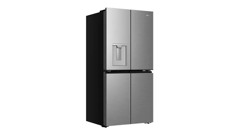 Front angled view of a silver Haier French door refrigerator with a water dispenser and visible side profile Front angled view of a silver Haier French door refrigerator with a water dispenser and visible side profile