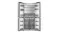 Front view of a silver French door refrigerator with all doors open, adjustable shelves, and freezer drawers Front view of a silver French door refrigerator with all doors open, adjustable shelves, and freezer drawers