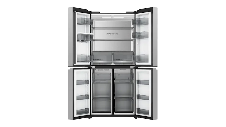 Front view of a silver French door refrigerator with all doors open, adjustable shelves, and freezer drawers Front view of a silver French door refrigerator with all doors open, adjustable shelves, and freezer drawers
