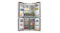 Front view of a silver four-door refrigerator fully stocked with groceries, open shelves, and freezer compartments Front view of a silver four-door refrigerator fully stocked with groceries, open shelves, and freezer compartments