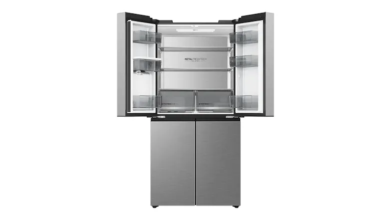 Front view of a silver French door refrigerator with upper doors open, showing shelves and crisper drawers Front view of a silver French door refrigerator with upper doors open, showing shelves and crisper drawers