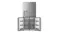 Front view of a silver Haier four-door refrigerator with open freezer compartments and a built-in water dispenser Front view of a silver Haier four-door refrigerator with open freezer compartments and a built-in water dispenser
