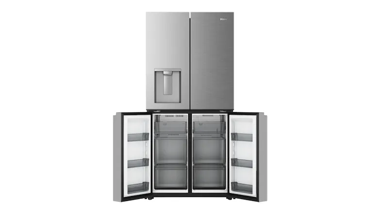 Front view of a silver Haier four-door refrigerator with open freezer compartments and a built-in water dispenser Front view of a silver Haier four-door refrigerator with open freezer compartments and a built-in water dispenser