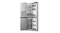 Front view of a silver Haier refrigerator with the left fridge door and right freezer door open Front view of a silver Haier refrigerator with the left fridge door and right freezer door open