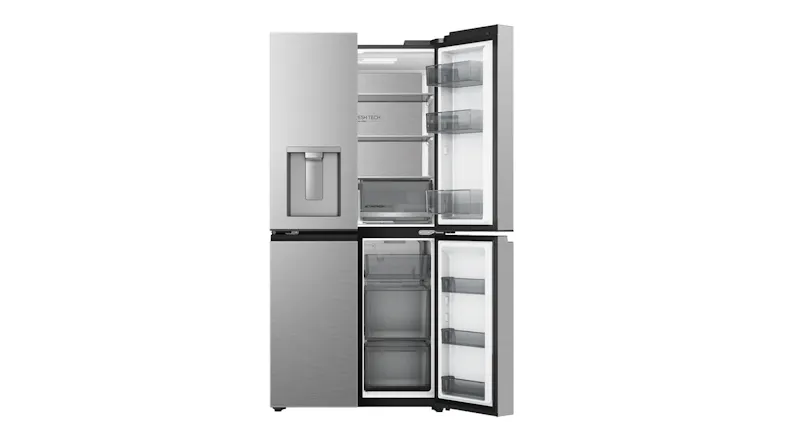 Front view of a silver Haier refrigerator with the left fridge door and right freezer door open Front view of a silver Haier refrigerator with the left fridge door and right freezer door open