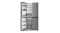 Front view of a silver Haier four-door refrigerator with the right fridge door and left freezer door open Front view of a silver Haier four-door refrigerator with the right fridge door and left freezer door open