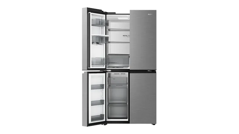 Front view of a silver Haier four-door refrigerator with the right fridge door and left freezer door open Front view of a silver Haier four-door refrigerator with the right fridge door and left freezer door open