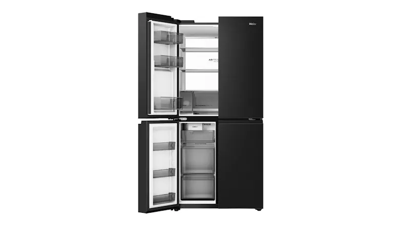 Front view of a black Haier 600 Series refrigerator with the left fridge door and left freezer door open, showing empty compartments Front view of a black Haier 600 Series refrigerator with the left fridge door and left freezer door open, showing empty compartments