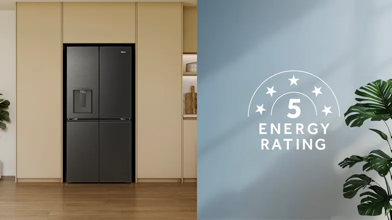 Front view of a black Haier door refrigerator with a water dispenser beside a 5-star energy rating graphic Front view of a black Haier door refrigerator with a water dispenser beside a 5-star energy rating graphic