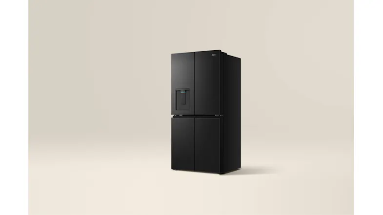 Front right-angled view of a black Haier door refrigerator with a built-in water dispenser and brushed finish Front right-angled view of a black Haier door refrigerator with a built-in water dispenser and brushed finish