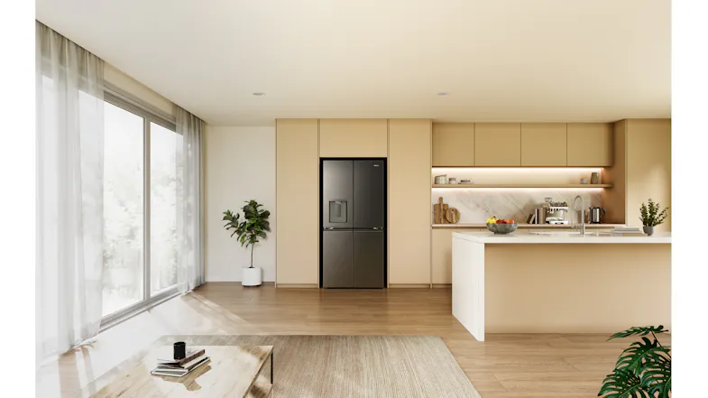 Wide-angle kitchen view featuring a black four-door Haier refrigerator with a built-in water dispenser Wide-angle kitchen view featuring a black four-door Haier refrigerator with a built-in water dispenser