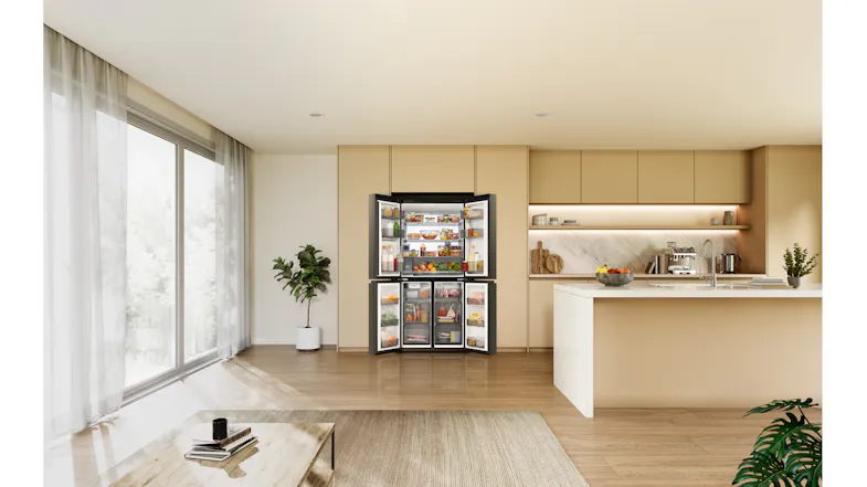 Wide-angle kitchen view with a black Haier door refrigerator open, displaying a stocked fridge and freezer storage Wide-angle kitchen view with a black Haier door refrigerator open, displaying a stocked fridge and freezer storage