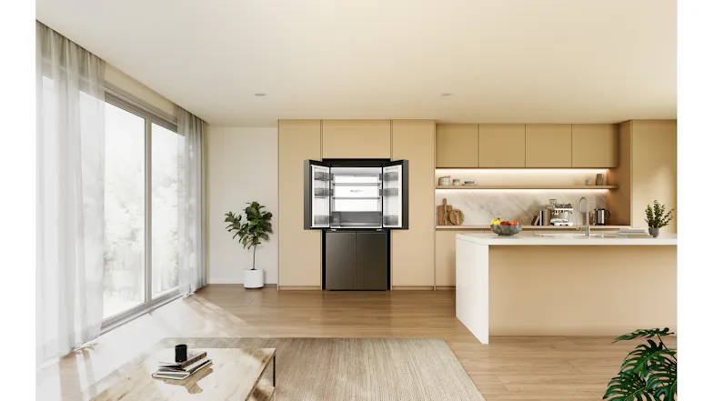 Wide-angle kitchen view with a black Haier door refrigerator open, showing empty shelves and storage compartments Wide-angle kitchen view with a black Haier door refrigerator open, showing empty shelves and storage compartments