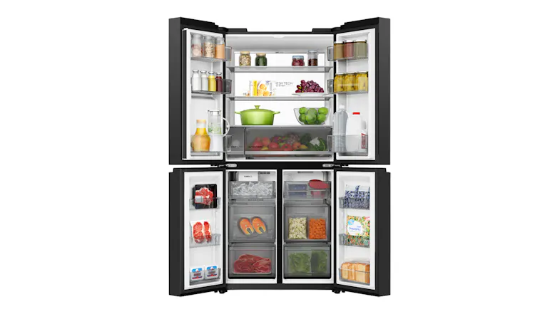 Front view of a black Haier door refrigerator with doors open, displaying fresh food, drinks, and freezer storage Front view of a black Haier door refrigerator with doors open, displaying fresh food, drinks, and freezer storage