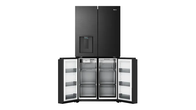 Front view of a black four-door refrigerator with lower freezer compartments open, showing empty storage bins Front view of a black four-door refrigerator with lower freezer compartments open, showing empty storage bins