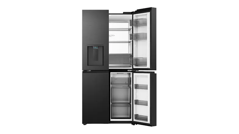 Front view of a black Haier 600 Series refrigerator with the left fridge door and right freezer door open Front view of a black Haier 600 Series refrigerator with the left fridge door and right freezer door open