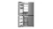 Front view of a silver Haier four-door refrigerator with the left fridge door and left freezer door open Front view of a silver Haier four-door refrigerator with the left fridge door and left freezer door open