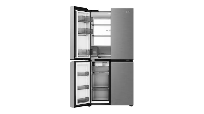 Front view of a silver Haier four-door refrigerator with the left fridge door and left freezer door open Front view of a silver Haier four-door refrigerator with the left fridge door and left freezer door open