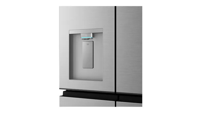 Close-up front view of a silver Haier 600 Series fridge water dispenser with an integrated control panel and spout Close-up front view of a silver Haier 600 Series fridge water dispenser with an integrated control panel and spout
