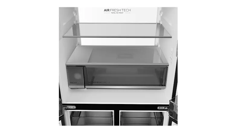 Front interior view of a Haier 600 Series refrigerator with glass shelves, a humidity drawer, and an Air Fresh Tech cooling system Front interior view of a Haier 600 Series refrigerator with glass shelves, a humidity drawer, and an Air Fresh Tech cooling system