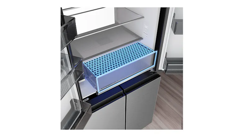 Top angled view of a refrigerator crisper drawer with an ActiveFreshZone compartment and illuminated cooling feature Top angled view of a refrigerator crisper drawer with an ActiveFreshZone compartment and illuminated cooling feature