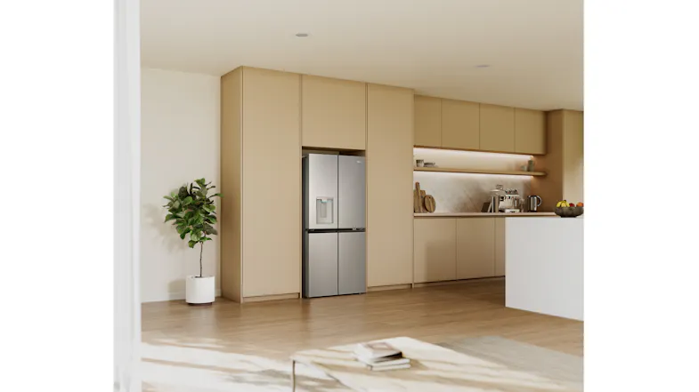 Wide-angle view of a silver Haier four-door refrigerator integrated into a contemporary kitchen interior Wide-angle view of a silver Haier four-door refrigerator integrated into a contemporary kitchen interior