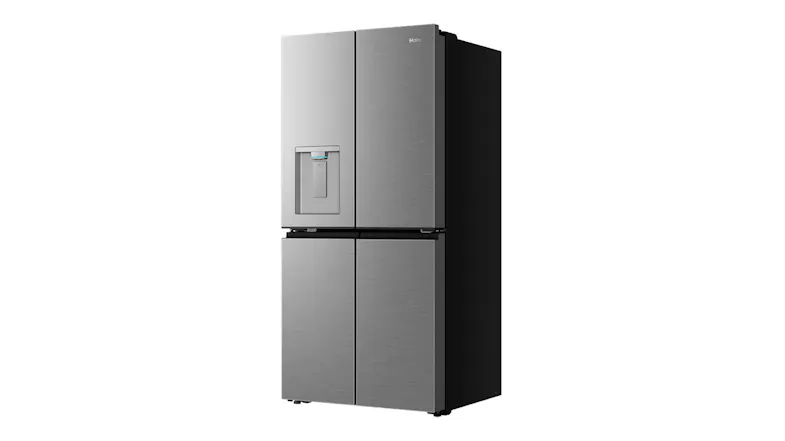 Front angled view of a silver Haier four-door refrigerator with a water dispenser and black side panels Front angled view of a silver Haier four-door refrigerator with a water dispenser and black side panels