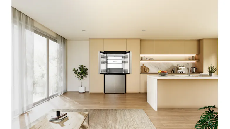 Front view of a silver Haier four-door refrigerator with open doors, showing empty shelves and storage compartments Front view of a silver Haier four-door refrigerator with open doors, showing empty shelves and storage compartments