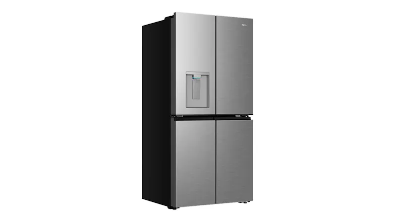 Front angled view of a silver four-door refrigerator with an integrated water dispenser and black side panel Front angled view of a silver four-door refrigerator with an integrated water dispenser and black side panel