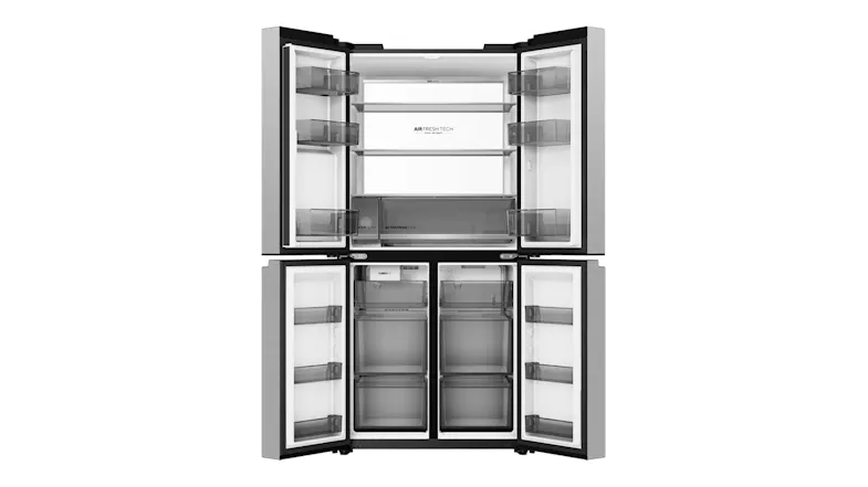 Silver Haier refrigerator with all doors open, showing empty shelves, drawers, and storage bins Silver Haier refrigerator with all doors open, showing empty shelves, drawers, and storage bins
