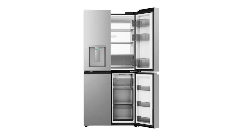 Front view of a silver Haier refrigerator with a water dispenser and partially open fridge and freezer doors Front view of a silver Haier refrigerator with a water dispenser and partially open fridge and freezer doors