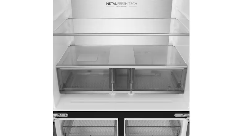 Front view of the refrigerator interior with glass shelves, triple crisper drawers, and a MetalFresh Tech back panel Front view of the refrigerator interior with glass shelves, triple crisper drawers, and a MetalFresh Tech back panel