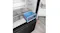 Angled view of a refrigerator freshness drawer with blue illumination, a water filter compartment, and glass shelves Angled view of a refrigerator freshness drawer with blue illumination, a water filter compartment, and glass shelves