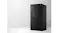 Front-angled view of a black Haier four-door refrigerator with a water dispenser and textured finish Front-angled view of a black Haier four-door refrigerator with a water dispenser and textured finish