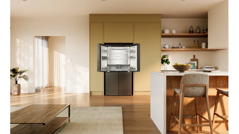 Front view of a Haier 500 Series refrigerator with the upper doors open, showcasing a spacious fresh food compartment Front view of a Haier 500 Series refrigerator with the upper doors open, showcasing a spacious fresh food compartment