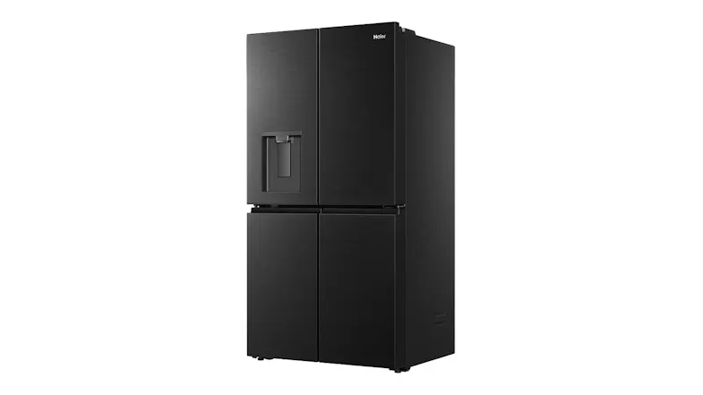 Front-angled view of a black Haier 500 Series 675L refrigerator with a water dispenser and textured finish Front-angled view of a black Haier 500 Series 675L refrigerator with a water dispenser and textured finish