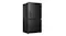 Front-angled view of a black four-door refrigerator with an integrated water dispenser and visible side panel Front-angled view of a black four-door refrigerator with an integrated water dispenser and visible side panel