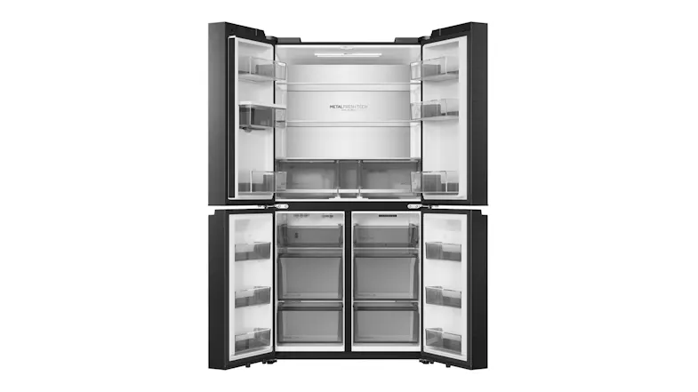 Front view of a black Haier 500 Series refrigerator with all doors open, showcasing adjustable shelves and transparent storage bins Front view of a black Haier 500 Series refrigerator with all doors open, showcasing adjustable shelves and transparent storage bins