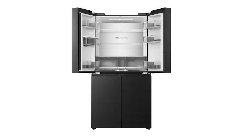 Front view of a black Haier four-door refrigerator with the upper doors open, revealing a spacious fresh food compartment Front view of a black Haier four-door refrigerator with the upper doors open, revealing a spacious fresh food compartment