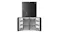 Front view of a black four-door refrigerator with the lower freezer doors open, revealing multiple transparent storage drawers Front view of a black four-door refrigerator with the lower freezer doors open, revealing multiple transparent storage drawers