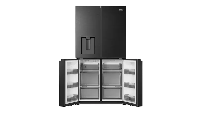 Front view of a black four-door refrigerator with the lower freezer doors open, revealing multiple transparent storage drawers Front view of a black four-door refrigerator with the lower freezer doors open, revealing multiple transparent storage drawers