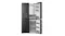 Front view of a black four-door refrigerator with the right-side fresh food and freezer compartments open Front view of a black four-door refrigerator with the right-side fresh food and freezer compartments open